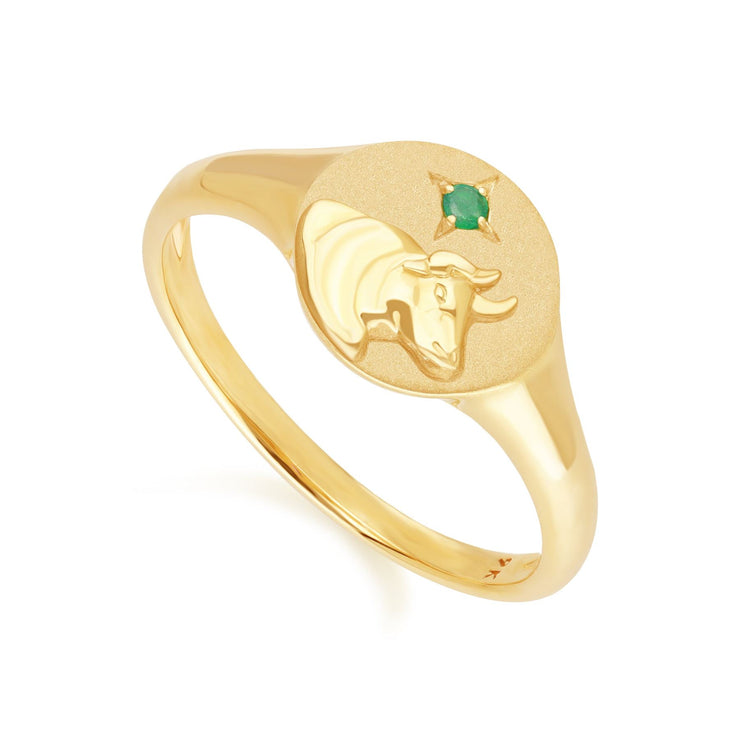 Bague Chevalière Zodiaque Taureau en Or Jaune 9ct avec une Emeraude