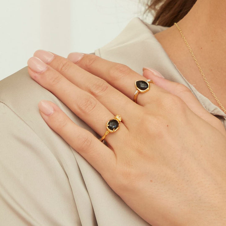 Bague Irrégulier en Argent Sterling Doré à l'Or Fin avec Onyx Noire et Topaze