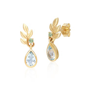 Boucles d'Oreilles Pendantes O Leaf en Or Jaune 9ct avec Topaze Bleu et Tsavorite