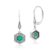 Boucles d'Oreilles Pendantes Style Art Déco en Argent Sterling 925 avec Calcédoine Hexagone et Marcassite