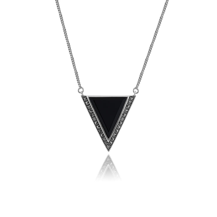 Collier Triangle Style Art Déco Argent 925 Onyx Noire et Marcassite