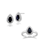 Boucles d'Oreilles Clou et Bague Classique Or Blanc 375 Saphir Poire et Diamant Halo