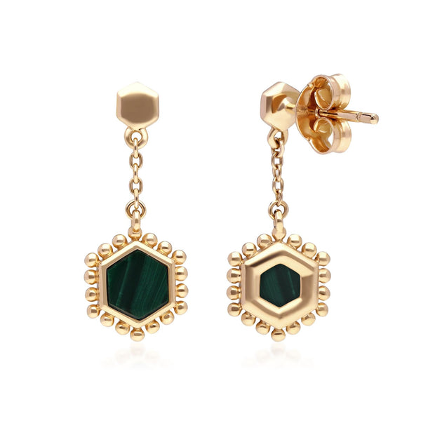 Boucles d'Oreilles Pendantes Flat Slice Hexagone Argent 925 Plaqué Or Malachite