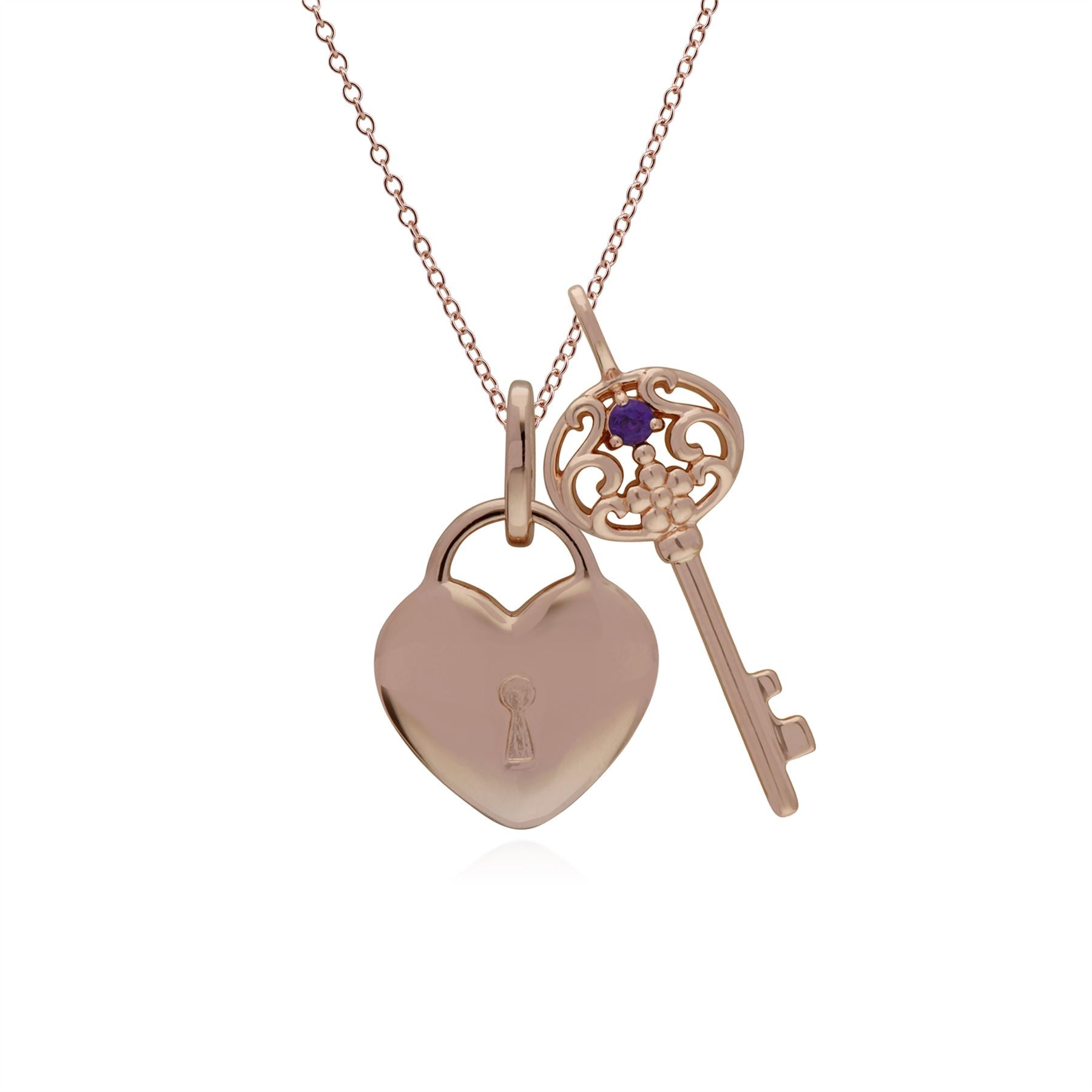 Pendentif Classique Cadenas Cœur Argent 925 Plaqué Or Rose et Charms Grande Clé Améthyste