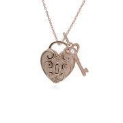 Pendentif Classique Cadenas Cœur Torsadé Argent 925 Plaqué Or Rose et Charms Clé Perle