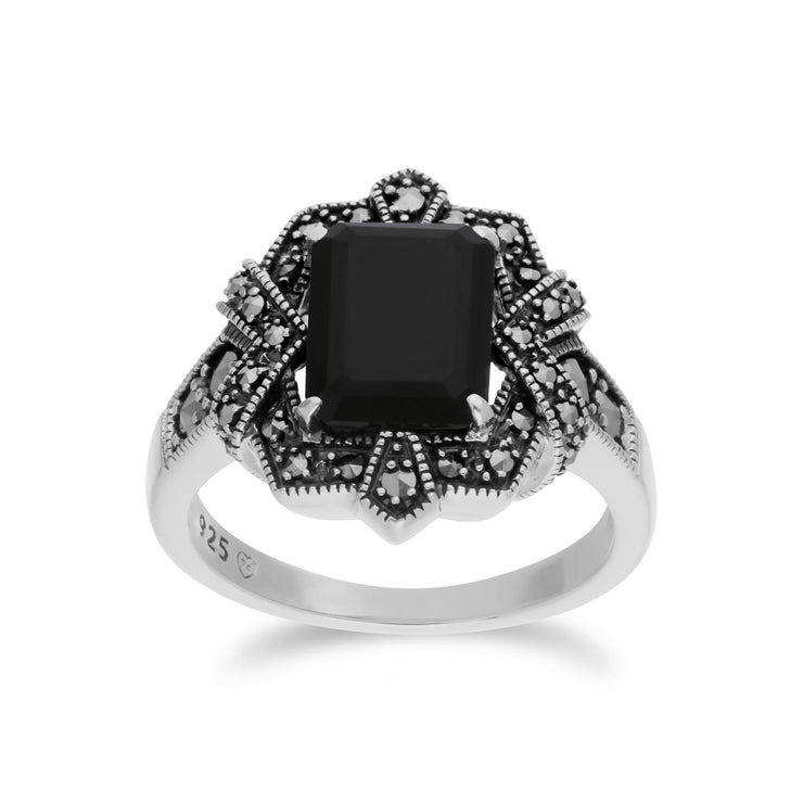 Bague Style Art Déco Argent 925 avec Onyx Noire Baguette et Marcassite