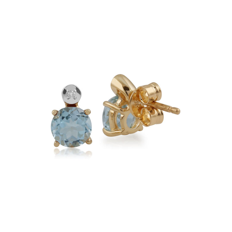 Bocules d'Oreilles Clou Classique Or Jaune 375 Topaze Bleue Ronde et Diamant