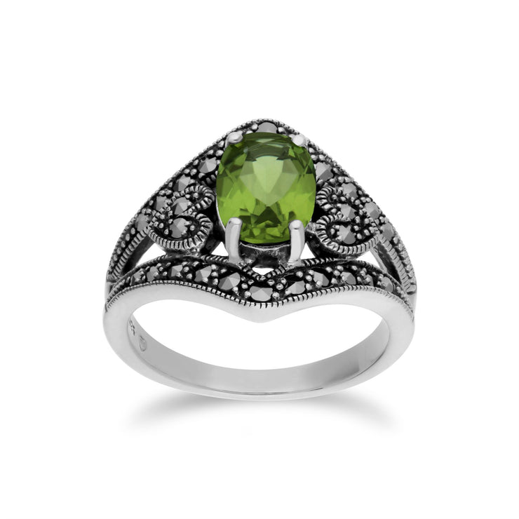 Gemondo Bague Péridot, Argent Sterling Peridot & Marcassite Ovale Art Nouveau Bague - Péridot