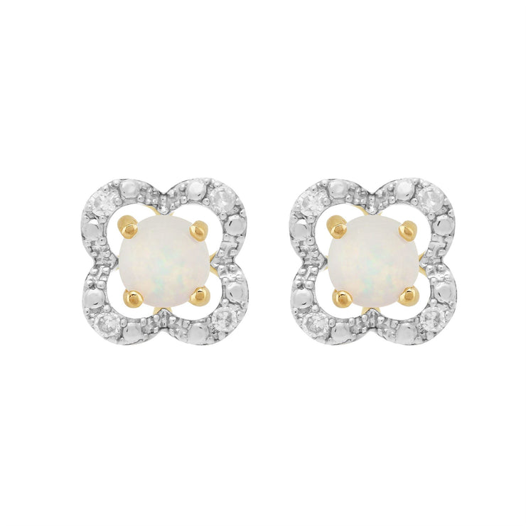 Boucles d'Oreilles Clou Opale Classique Or Jaune 375 et Ear-Jacket Fleur Diamant