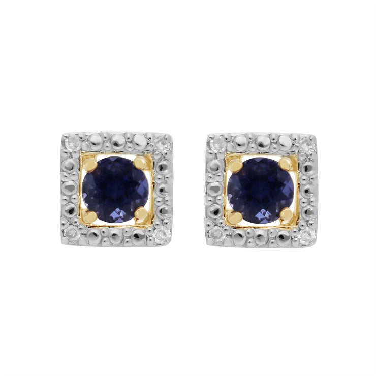 Boucles d'Oreilles Clou Iolite Classique Or Jaune 375 et Ear-Jacket Carré Diamant