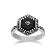 Gemondo Femmes Argent Sterling Noir Onyx et Marcassite Hexagone Bague - Onyx