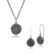 Boucles d'Oreilles Pendantes et Pendentif Style Rennie Mackintosh Argent 925 Rose de Glasgow marcassite Ronde