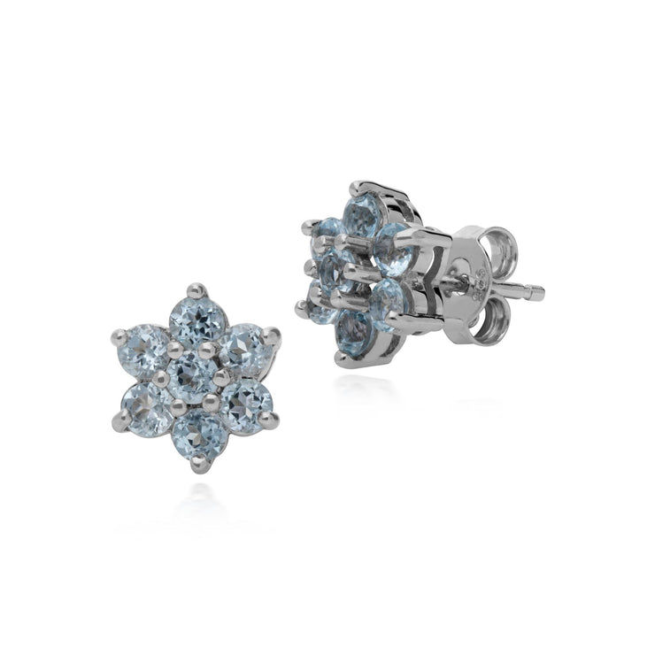 Boucles d'Oreilles Clou Floral Argent 925 Topaze Bleue style Cluster