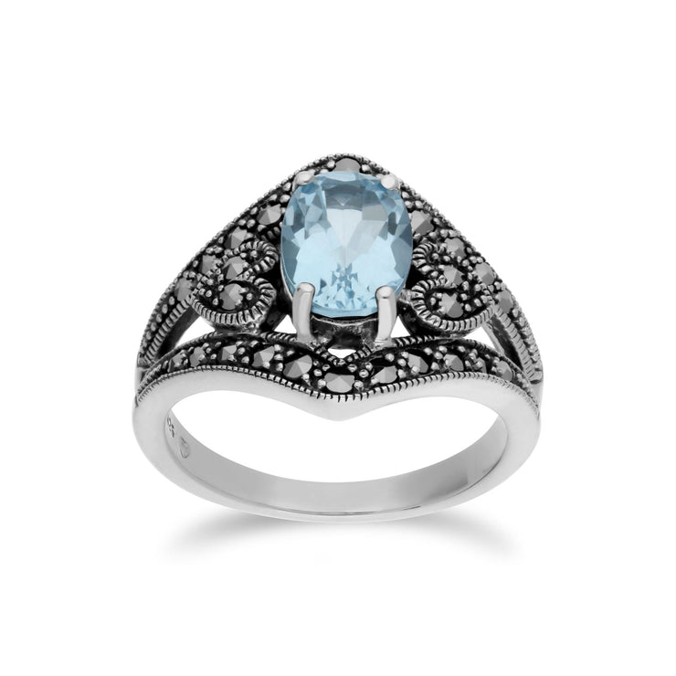 Gemondo Topaze Bague, Argent Sterling Topaze Bleu & Marcassite Ovale Art Nouveau Bague - TOPAZE