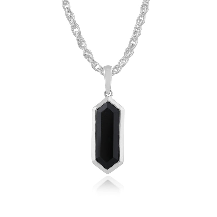 Pendentif et Boucles d'Oreilles Pendantes Géométrique Argent 925 Onyx Noire Prisme Hexagonal