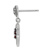 Boucles d'Oreilles Cœur Argent 925 Grenat Rond et Marcassite
