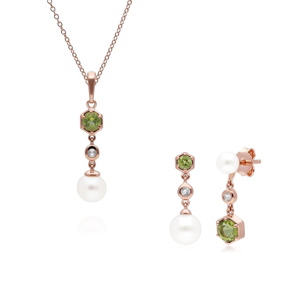 Pendentif et Boucles d'Oreilles Perle Moderne Argent 925 Doré à l'Or Fin Rose Péridot, Topaze et Perle