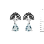 Collier et Boucles d'Oreilles Clou Feuille Style Art Déco Argent 925 Aigue-Marine Poire et Marcassite