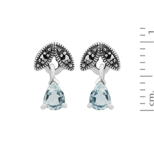 Collier et Boucles d'Oreilles Clou Feuille Style Art Déco Argent 925 Aigue-Marine Poire et Marcassite