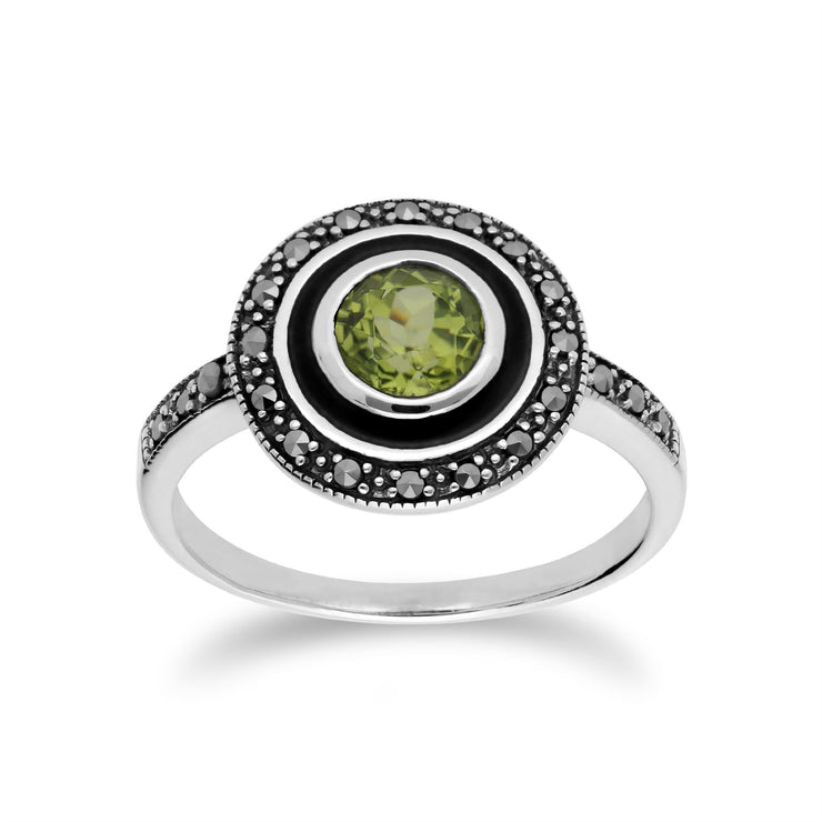 Gemondo Bague Péridot, Argent & Péridot & Marcassite Émail Noir Anneau - Péridot