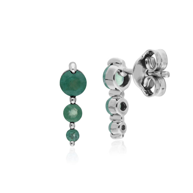 Boucles d'Oreilles Pendantes Clou Classique Argent 925 Trois Emeraudes Rondes Dégradées