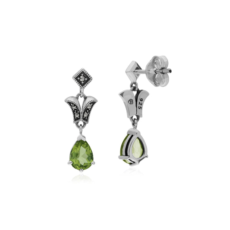 Peridot Boucles D'Oreilles, Argent Sterling Peridot & Marcassite Poire Art Nouveau Boucles D'Oreilles Goutte