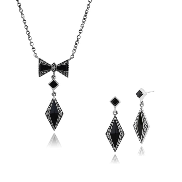 Collier et Boucles d'Oreilles Pendantes Style Art Déco Argent 925 Onyx Noire et Marcassite