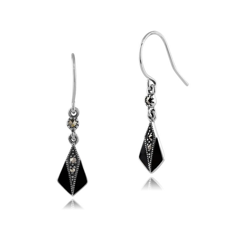 Boucles d'Oreilles Pendantes Style Art Déco Argent 925 marcassite Rond et Email