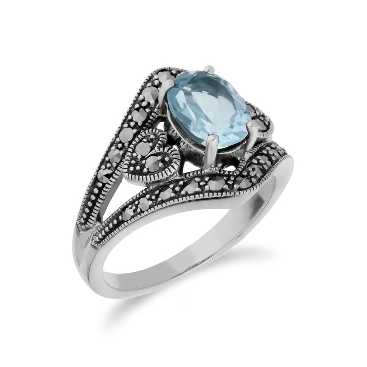 Gemondo Topaze Bague, Argent Sterling Topaze Bleu & Marcassite Ovale Art Nouveau Bague - TOPAZE