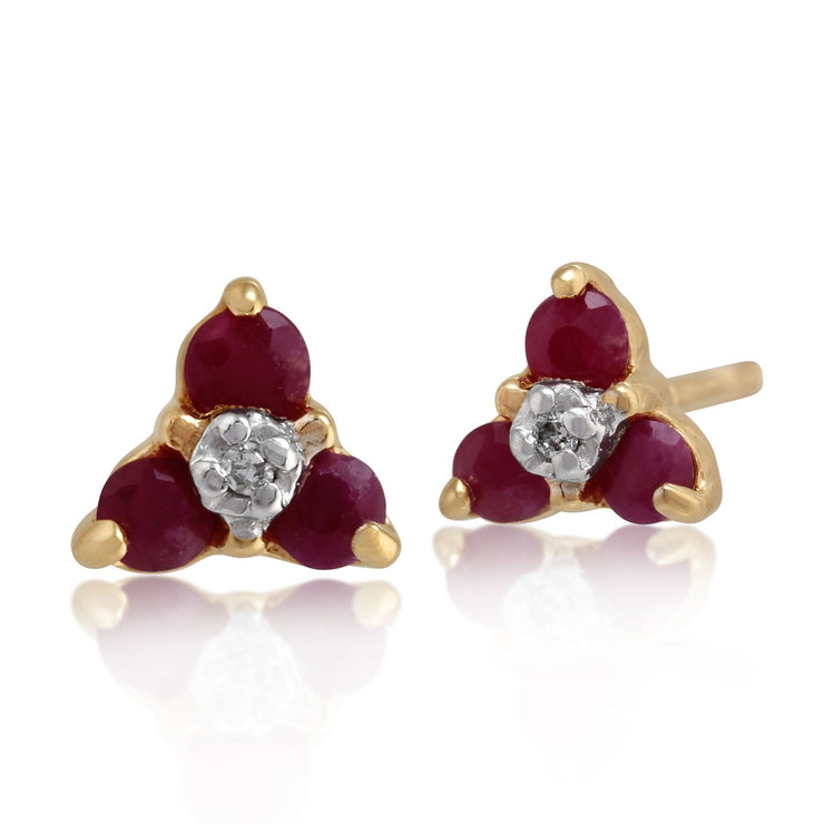 Boucles d'Oreilles Clou Floral Or Jaune 375 Rubis Rond et Diamant Style Cluster