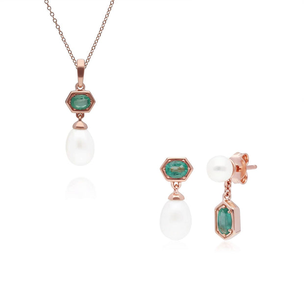 Pendentif et Boucles d'Oreilles Perle Moderne Argent 925 Doré à l'Or Fin Rose Emeraude et Perle