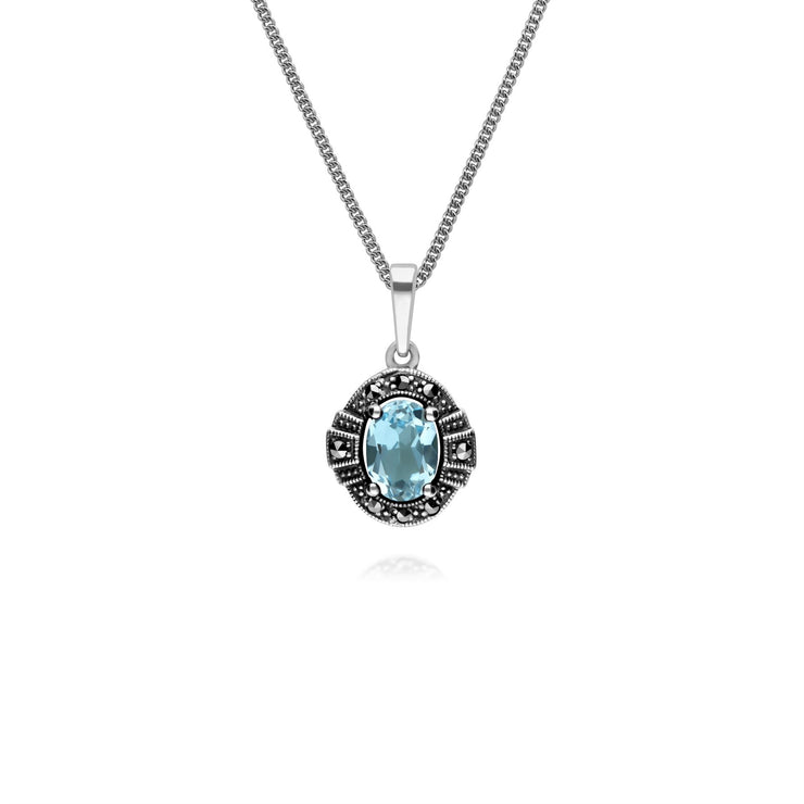 Argent Sterling Ovale Topaze Bleu et Marcassite Serti 45cm Collier