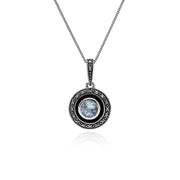 Pendentif Style Art Déco Argent 925 Topaze Bleu Rond, Marcassite et Email