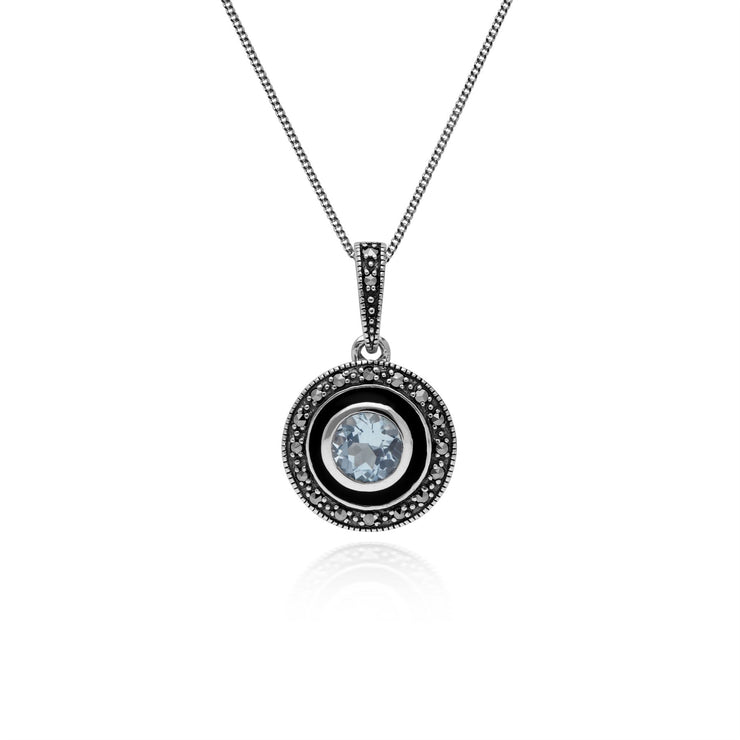 Pendentif Style Art Déco Argent 925 Topaze Bleu Rond, Marcassite et Email