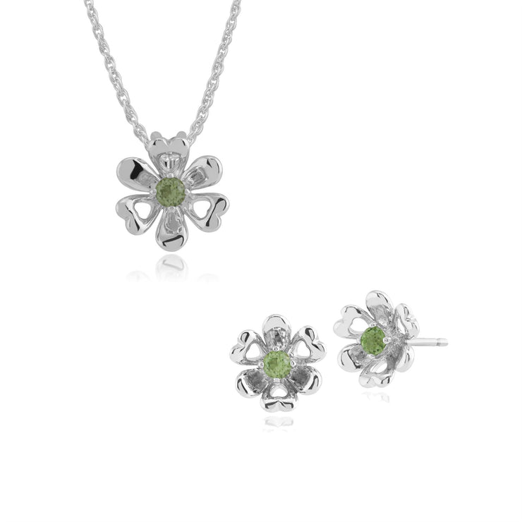Pendentif et Boucles d'Oreilles Clou Marguerite Style Floral Argent 925 Péridot Rond