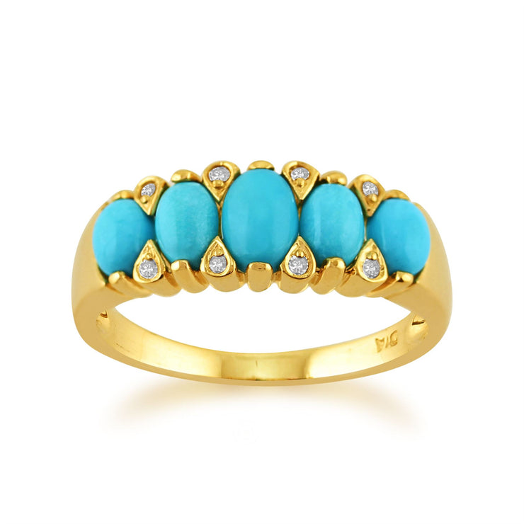 9 Ct Or Jaune 1.40CT Turquoise Cabochon & Anneau de cinq pierres de diamant