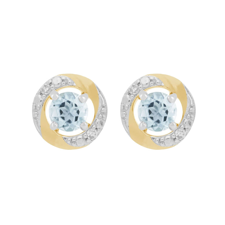 Boucles d'Oreilles Clou Aigue-Marine Classique Or Blanc 375 et Ear-Jacket Halo Diamant Or Jaune 375