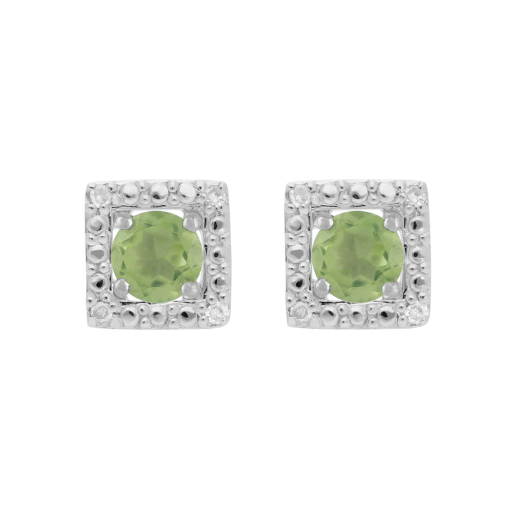 Boucles d'Oreilles Clou Péridot Classique Or Blanc 375 et Ear-Jacket Carré Diamant