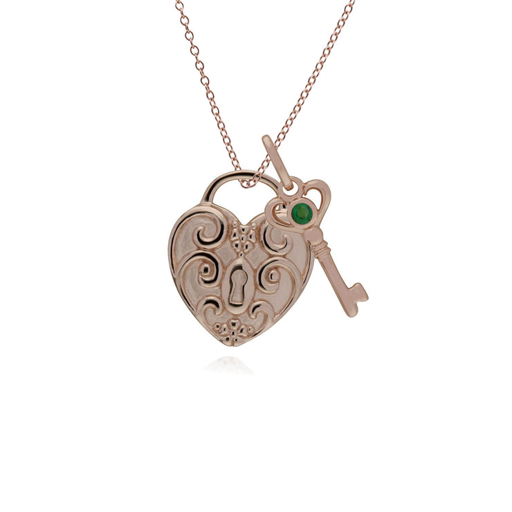 Pendentif Classique Cadenas Cœur Torsadé Argent 925 Plaqué Or Rose et Charms Clé Emeraude