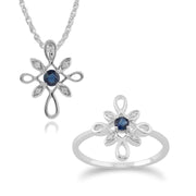 Pendentif et Bague Floral Or Blanc 375 Saphir Rond et Diamant