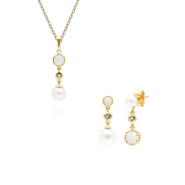 Boucles d'Oreilles et Pendentif Perle Moderne Argent 925 Plaqué Or Topaze, Opale et Perle