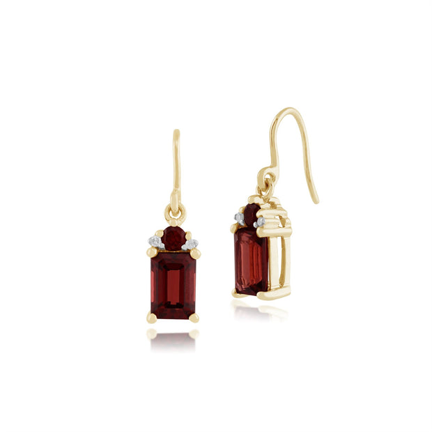 Boucles d'Oreilles Pendantes Classique Or Jaune 375 Grenat Baguette et Diamant