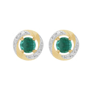 Boucles d'Oreilles Clou Emeraude Classique Or Jaune 375 et Ear-Jacket Halo Diamant