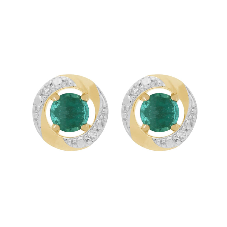 Boucles d'Oreilles Clou Emeraude Classique Or Jaune 375 et Ear-Jacket Halo Diamant
