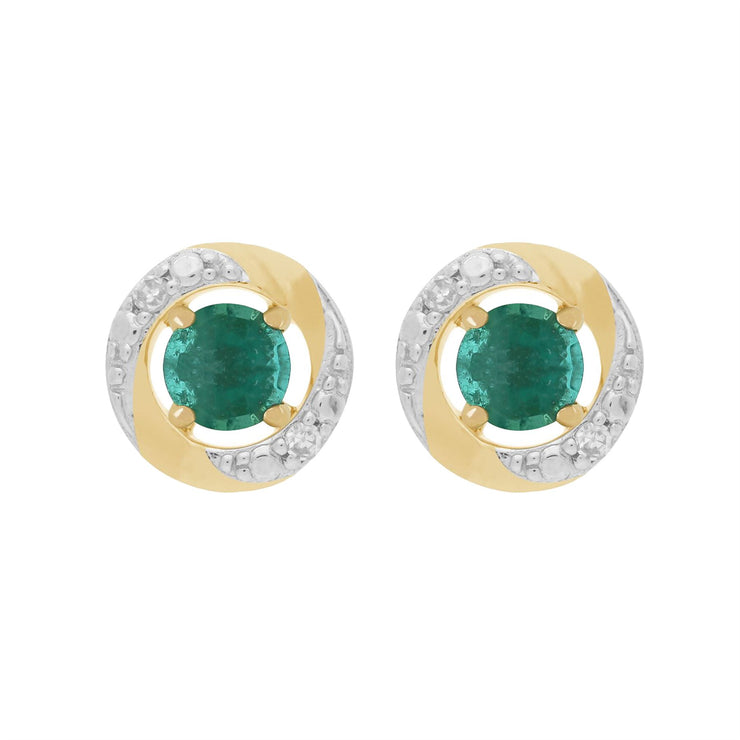 Boucles d'Oreilles Clou Emeraude Classique Or Jaune 375 et Ear-Jacket Halo Diamant