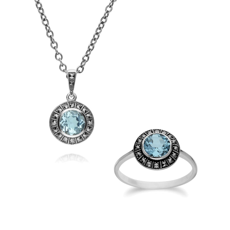 Pendentif et Bague Style Art Déco Argent 925 Topaze Bleue et Marcassite Cluster Rond
