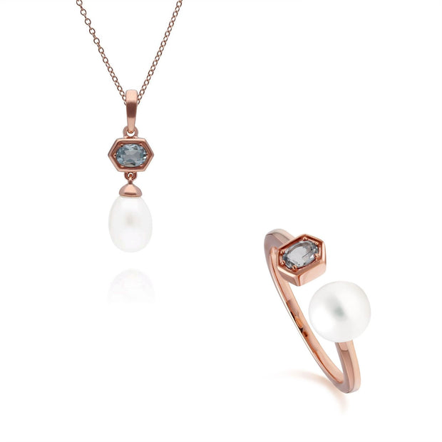 Bague et Pendentif Perle Moderne Argent 925 Doré à l'Or Fin Rose Aigue-Marine et Perle