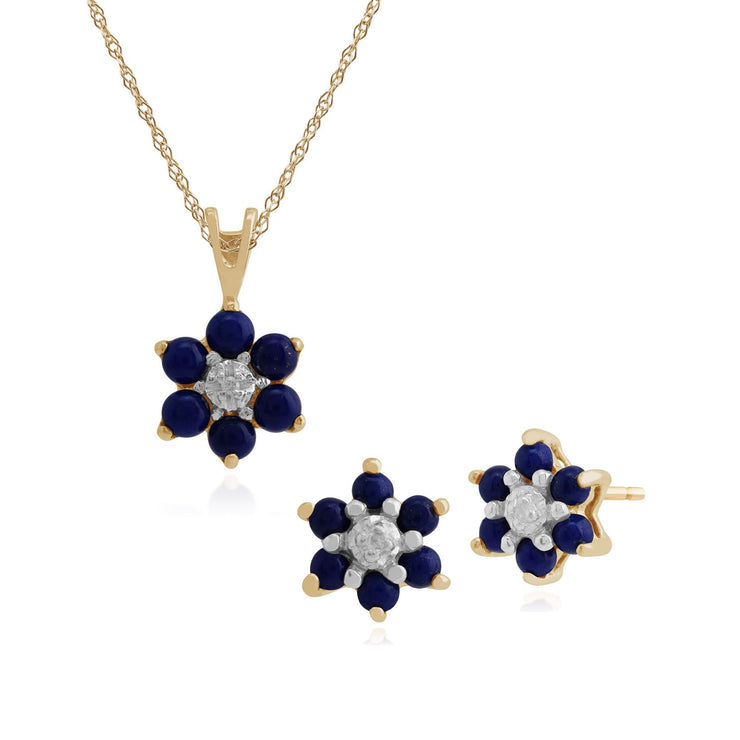 Pendentif et Boucles d'Oreilles Clou Floral Or Jaune 375 Lapis lazuli et Diamant Cluster