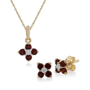 Pendentif et Boucles d'Oreilles Floral Or Jaune 375 Grenat Rond et Diamant