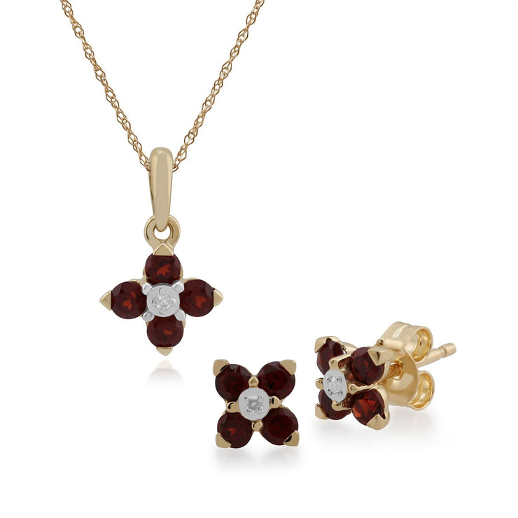 Pendentif et Boucles d'Oreilles Floral Or Jaune 375 Grenat Rond et Diamant